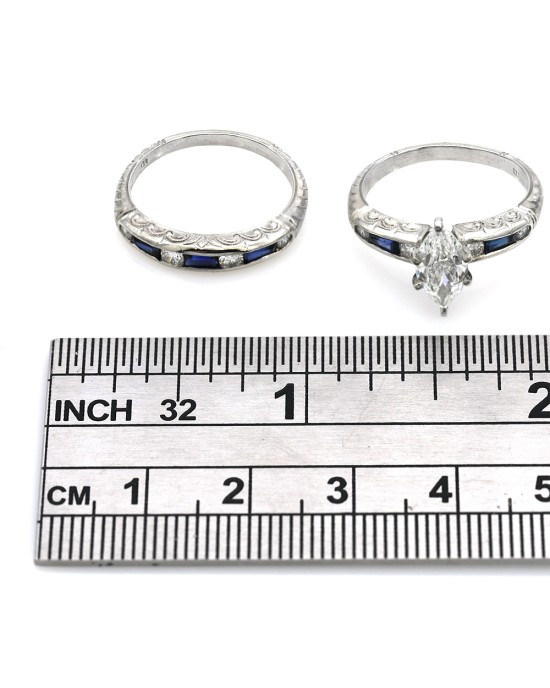 GIA Certified Marquise Cut Diamond and Blue Sapphire Engagement Set in Platinum